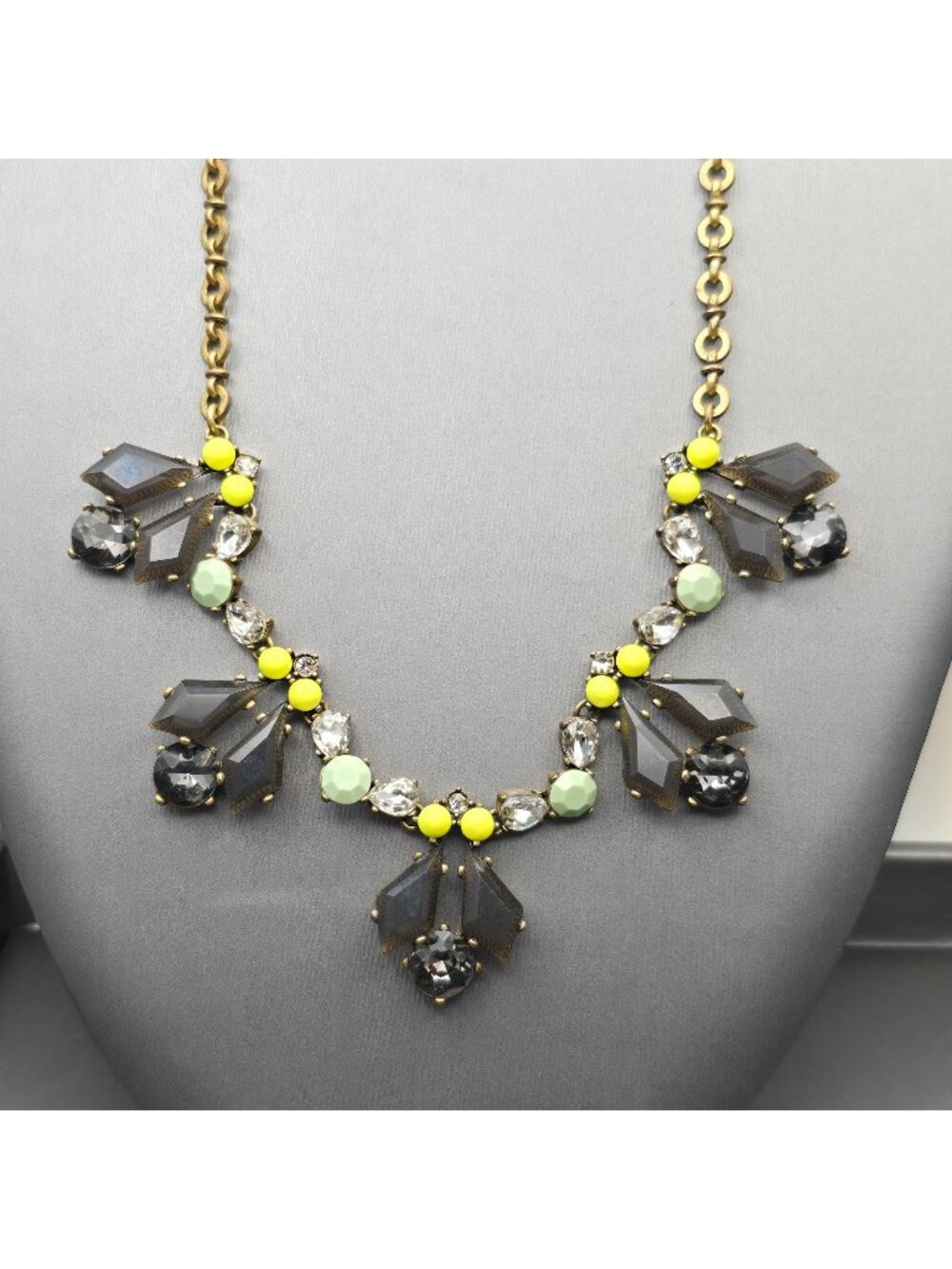 J Crew Gray Rhinestones Yellow Accents Statement Necklace 15" Gold Tone Vintage